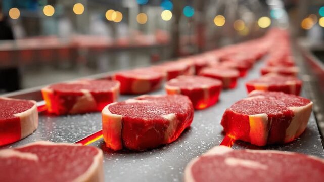 Beef Production Line: Rows of raw, meticulously cut beef steaks move along a production line, showcasing a focused view of modern food processing methods. 