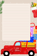 A festive lined letter template with a red truck carrying gifts, a Christmas stocking, and pine branches.