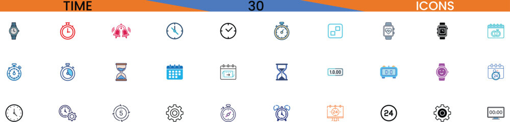 Collection of time icons representing chronology schedule planning and measurement vector