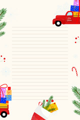 A festive lined letter template with pine branches, a red truck with gifts, a stocking, and candy canes.