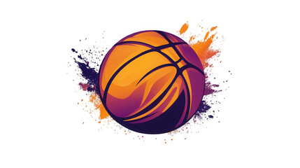 Fototapeta premium A basketball with orange and purple hues surrounded by colorful abstract paint splatters on transparent background