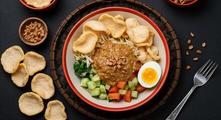 bowl of Indonesian Gado-Gado showcasing the textured sauce drizzled over steamed vegetables and egg,set on a dark woven basket, with a scattering of kerupuk nearby,top-down,focused lighting