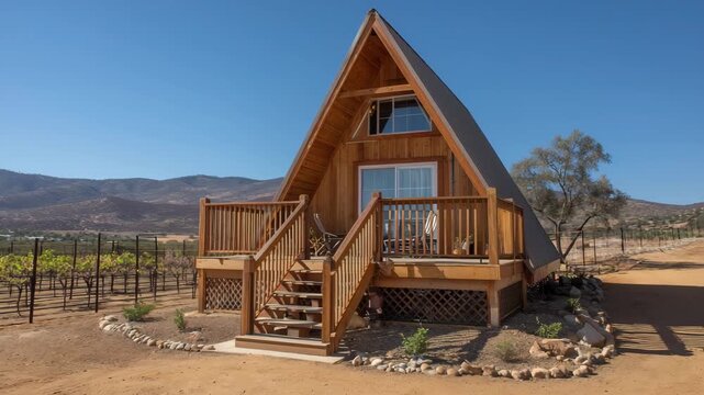 Wooden cabin with triangular roof and porch nestled vineyard hills and mountain backdrop, peaceful rural retreat surrounded by nature and clear blue