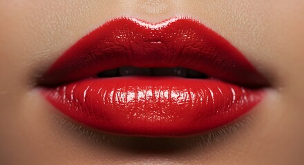 Obraz premium Close-up of Lips with Bright Red Lipstick and Glossy Finish on Smooth Skin