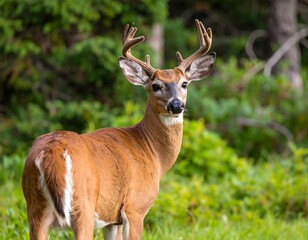 Obraz premium A handsome buck stands, head held high, in a grassy field. Lush green foliage creates a vibrant, natural backdrop