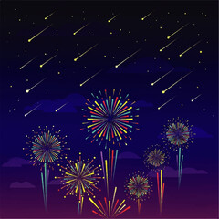 Vibrant Fireworks Display Under a Meteor Shower Sky.