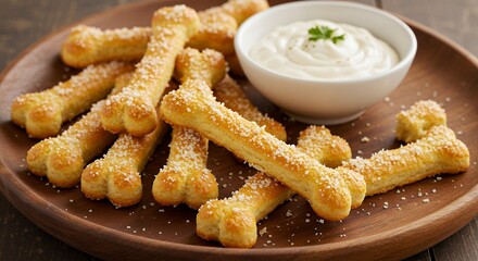 Crispy Breaded Chicken Tender Sticks with Creamy Dipping Sauce on Wooden Plate