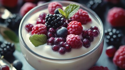 Yogurt parfait topped with fresh berries and mint.