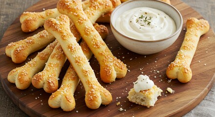 Golden Pretzel Sticks with Creamy Dipping Sauce on Wooden Serving Board
