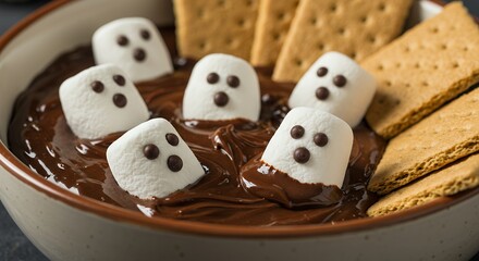 Chocolate Dip with Marshmallows and Crackers in Bowl for Kids Party Snacks
