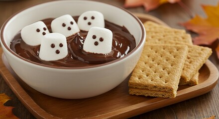 Sweet Hot Chocolate with Marshmallows and Crackers in Autumn Setting