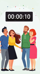 Four Friends Laughing Together Under a Countdown Timer.