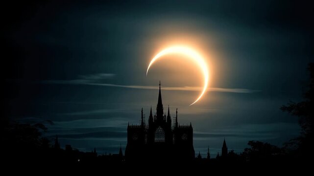 Ethereal eclipse and glowing crescent light framed by Gothic cathedral silhouette under dark night sky with mysterious mystical silhouette sky scene