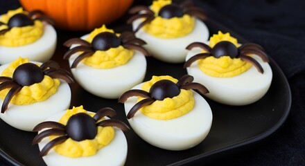 Decorative Halloween Spider Web Deviled Eggs on Black Plate for Festive Party