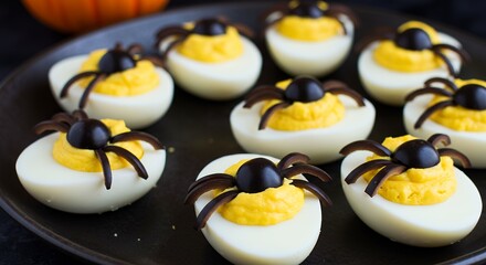 Decorative Halloween Spider Deviled Eggs on Black Plate