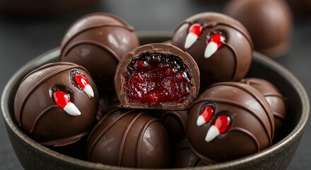 Chocolate Truffles with Red and White Decorative Accents in a Dark Bowl