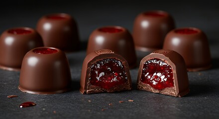 Assorted Chocolate Candies with Cherry Filling on Dark Surface