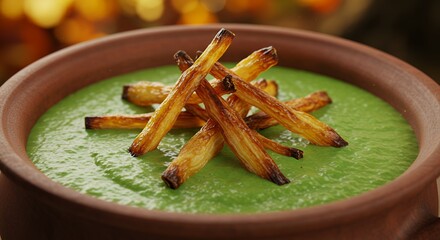 Creamy Green Vegetable Soup with Roasted Carrot Sticks in Clay Bowl