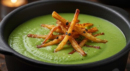 Green Soup with Crispy Potato Sticks Garnished with Black Pepper in Black Bowl