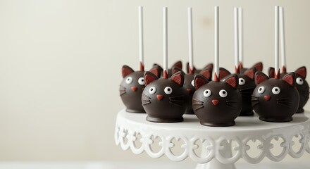 Chocolate Cat Lollipops on White Cake Stand with Elegant Decorative Edge