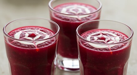 Three Glasses of Vibrant Red Fruit Juice with Ice Cubes and Swirl Decoration on a Neutral Background