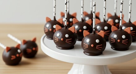 Chocolate Cat Cake Pops with Ears and Whiskers on White Cake Stand for Party Dessert