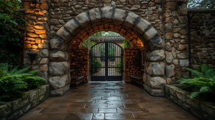 Obraz premium Stone archway entrance with an iron gate illuminated by a warm wall light, surrounded by lush green plants and wet stone tiles, creating a mysterious garden atmosphere after rain