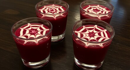 Four Red Jelly Desserts in Clear Glasses with White Web Pattern on Dark Wooden Surface