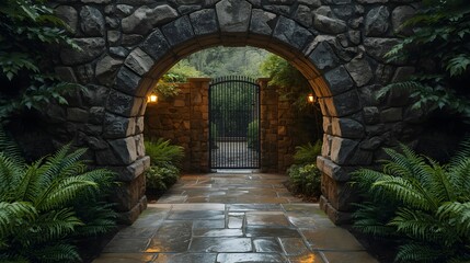 Fototapeta premium Stone archway entrance with an iron gate illuminated by a warm wall light, surrounded by lush green plants and wet stone tiles, creating a mysterious garden atmosphere after rain