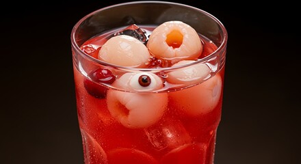 Colorful Fruit Punch with Eyeball and Lychee Garnish in Transparent Glass