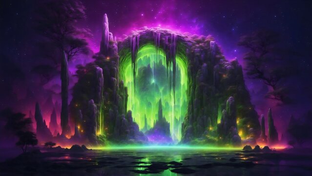 An ethereal landscape bathed in vibrant neon hues, purple and green shining, where a mysterious mountain glows with otherworldly energy, inviting contemplation and wonder