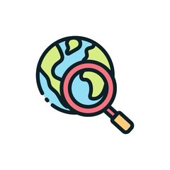 Global search magnifying glass over planet earth with blue green continents and oceans in a flat design illustration with transparent background