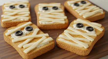 Decorative Halloween Cookies with White Chocolate and Black Candy Eyes on Wooden Tray