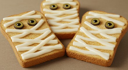 Halloween Mummy Toasts with White Chocolate Bandages and Eye Candies on Brown Surface