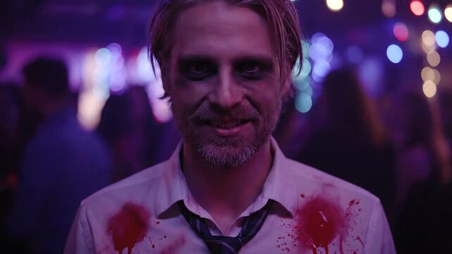 Man with blood splattered shirt smiling at a party.