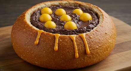 Bread Bowl Filled with Chocolate and Yellow Candies on Wooden Surface