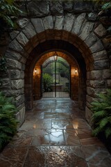 Obraz premium Stone archway entrance with an iron gate illuminated by a warm wall light, surrounded by lush green plants and wet stone tiles, creating a mysterious garden atmosphere after rain