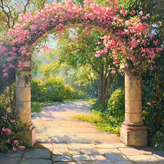 Flower Arch Garden Path, Garden Flower Arch, Blooming Pathway, Romantic Garden View, Spring Archway Scene, Floral Entrance Garden