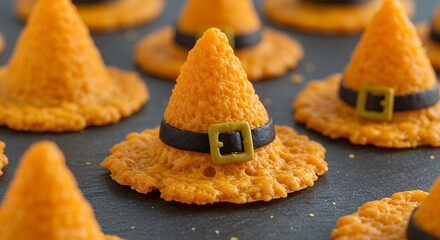 Halloween Witch Hat-shaped Cornbread Cookies with Black Belt and Buckle on Dark Surface