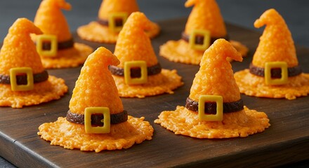 Halloween Witch Hat Appetizers with Orange Pastry and Chocolate Buckle on Dark Wooden Board