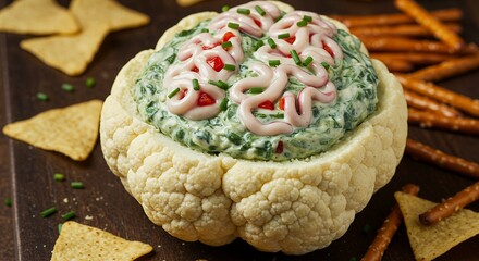 Cauliflower Floret Filled with Spinach Dip Topped with Mayonnaise and Red Pepper Garnish