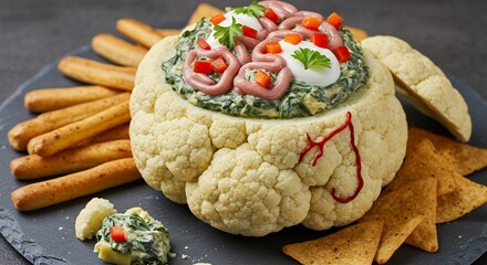 Cauliflower Stuffed with Spinach and Egg Salad Garnished with Tomato and Parsley Surrounded by Crackers and Chips