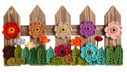 Colorful Crochet Flowers on Wooden Fence Decorative Spring Ornament Isolated