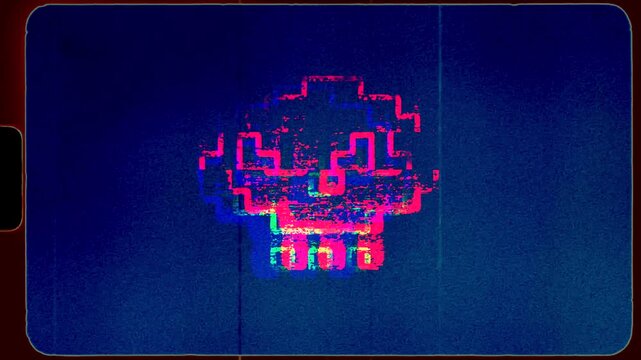 Glowing glitchy pixel art style human skull symbol with film grain and noise effects and retro frame