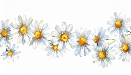 Watercolor White Daisies Border on White Background Floral Illustration