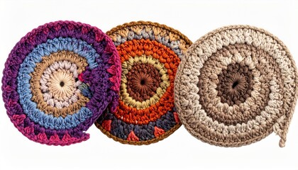 Three Circular Crocheted Coasters with Brown, Purple and Orange Spirals on White Background