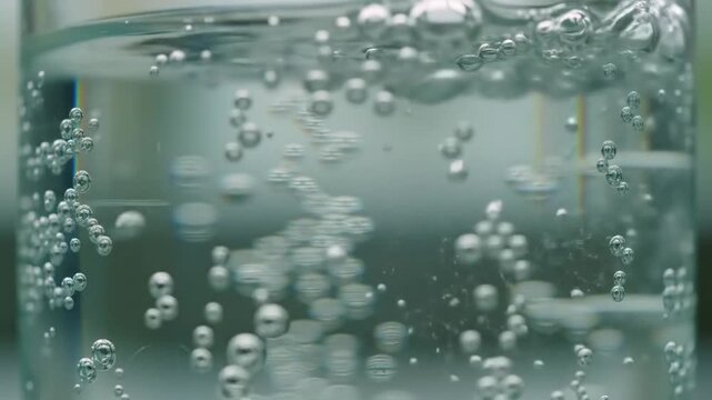 Bubbles rise in clear liquid inside a glass container