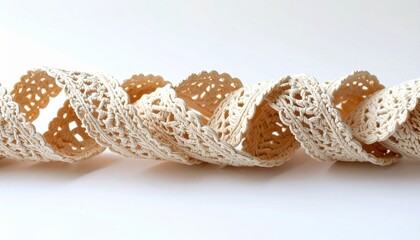 Beige Crochet Lace Ribbon Twisted on a White Surface in Bright Studio Lighting