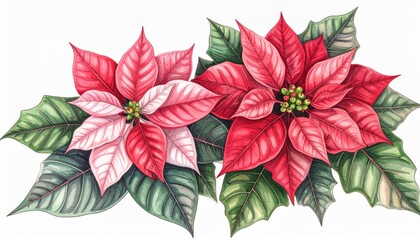 Vibrant Poinsettia Arrangement with Red and Pink Petals Against a White Background