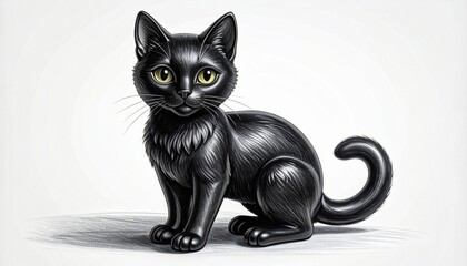 Detailed Black Cat Illustration with Yellow Eyes on White Background in Graphic Style